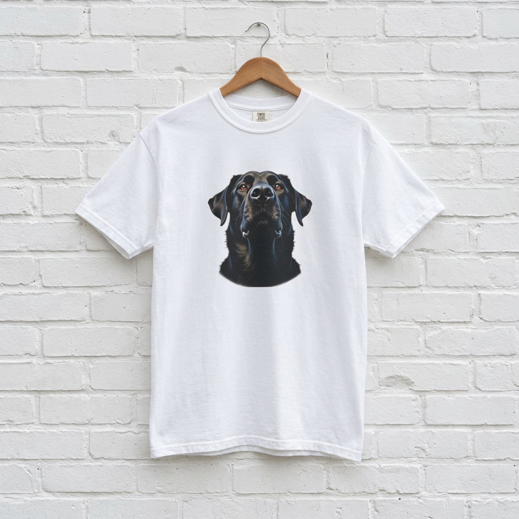 Black Labrador Portrait T-Shirt — Realistic Dog Face Tee for Pet Lovers